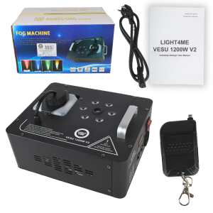LIGHT4ME VESU 1200W V2 generator wytwornica dymu pionowego mgły DMX efekt świetlny 6x1W RGB LED pilot bezprzewodowy rączki do przenoszenia
