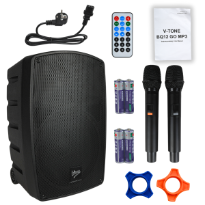 V-TONE BQ12 GO MP3 kolumna aktywna akumulatorowa czarna Bluetooth TWS USB SD DSP AUX pilot na podczerwień 2x mikrofon bezprzewodowy wysuwana rączka kółka transportowe zestaw